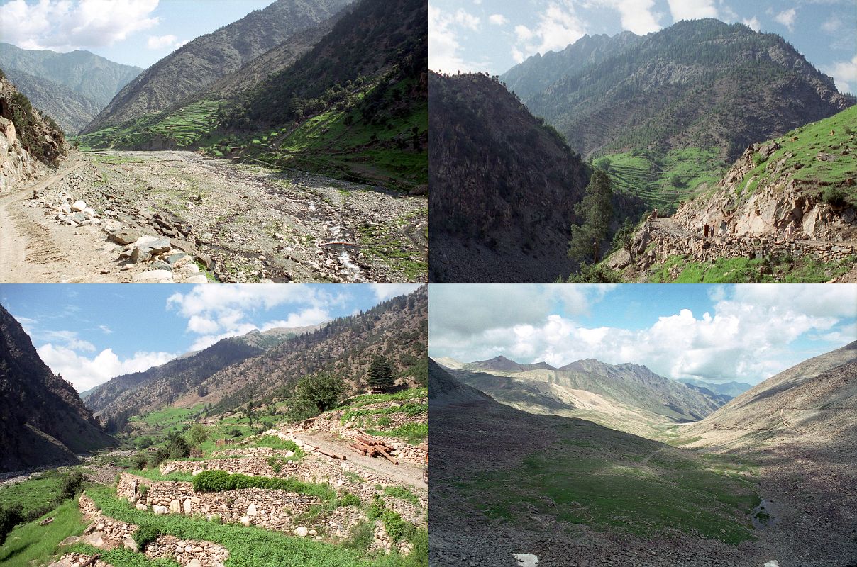 04 Dirt Road From Chilas Towards Babusar Pass We leave Chilas and slowly drove up, up, up, and up on a rough dirt road. We pass many tractors carrying large logs of wood to Chilas. Iqbal mentioned it's become a big business. All along the road right to the last tree, we see trees lying by the side of the road or next to the river. I guess they don't know about renewing their resources yet.